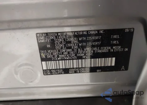 2019 Toyota Rav4 Hybrid Le z USA, uszkodzony, nr VIN 2T3LWRFV1KW042405